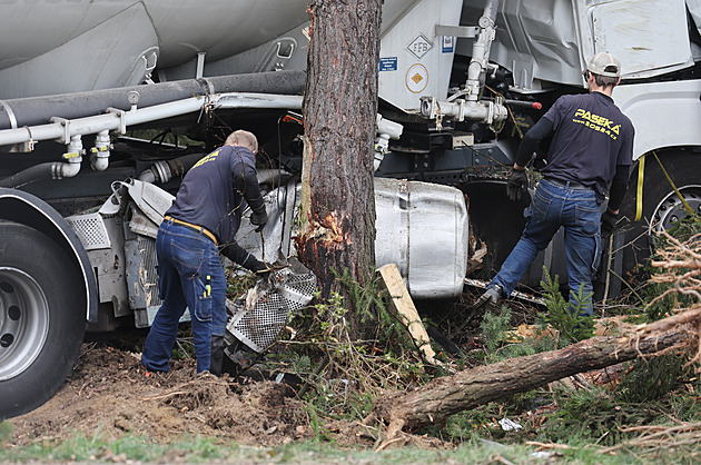 Potravinářský kamion skončil na sjezdu z D1 v lese. Porazil několik stromů